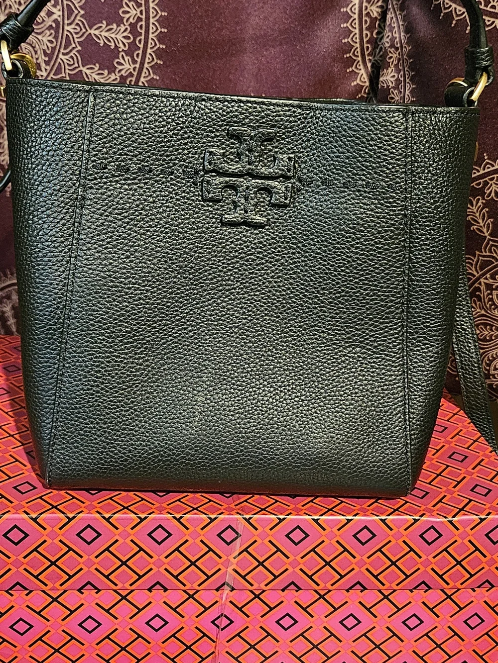 Tory Burch Black Pebbled Leather Bucket Bag